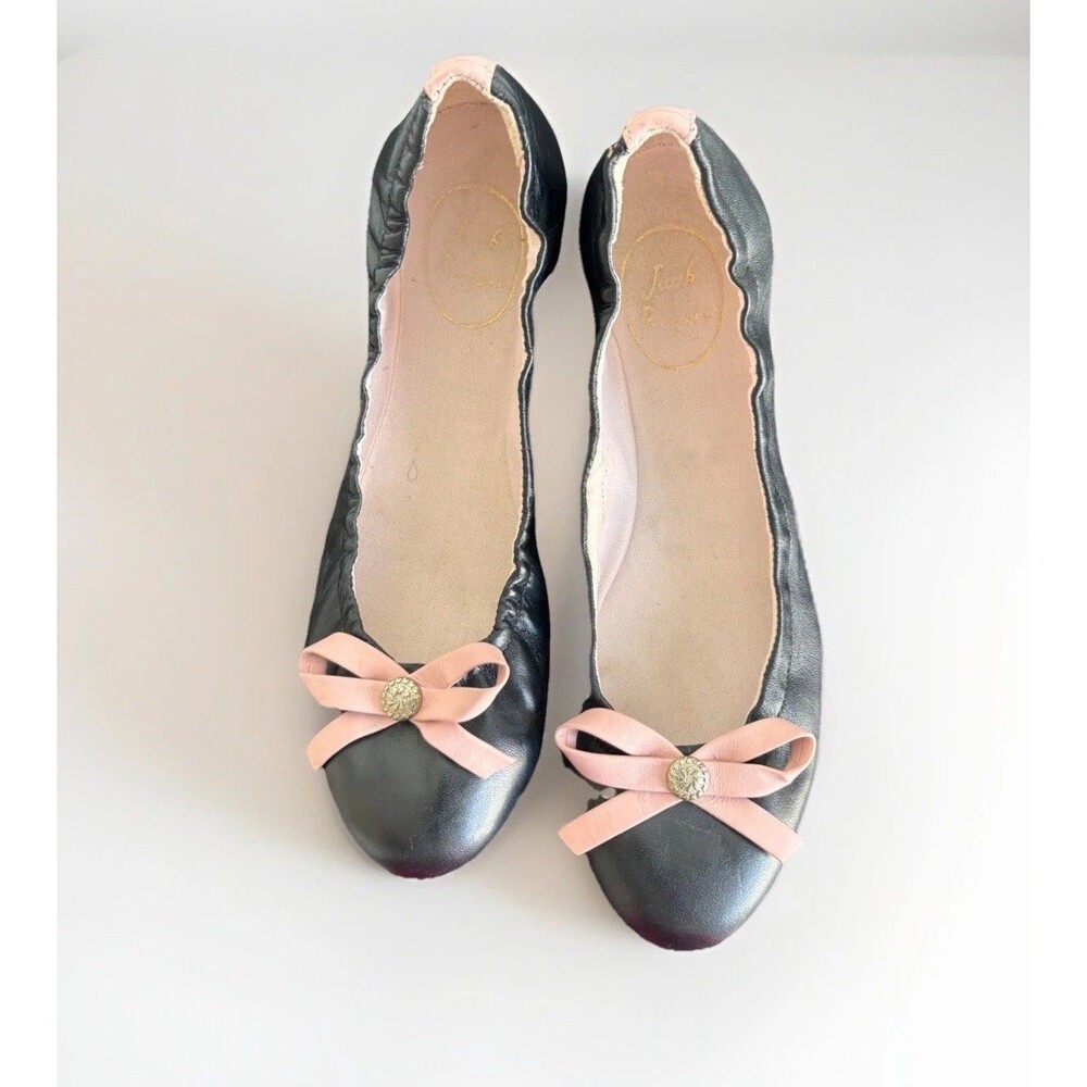 Jack Rogers Black Leather Ballet Flats Pink Bow   8 M US